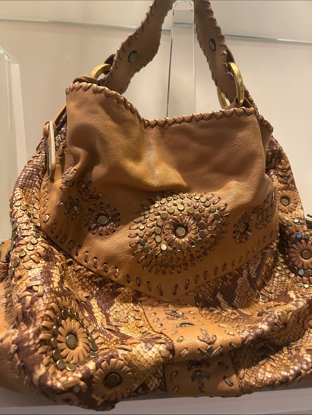 Isabella Fiore Embellished Tan Leather Hobo Shoulder Bag
